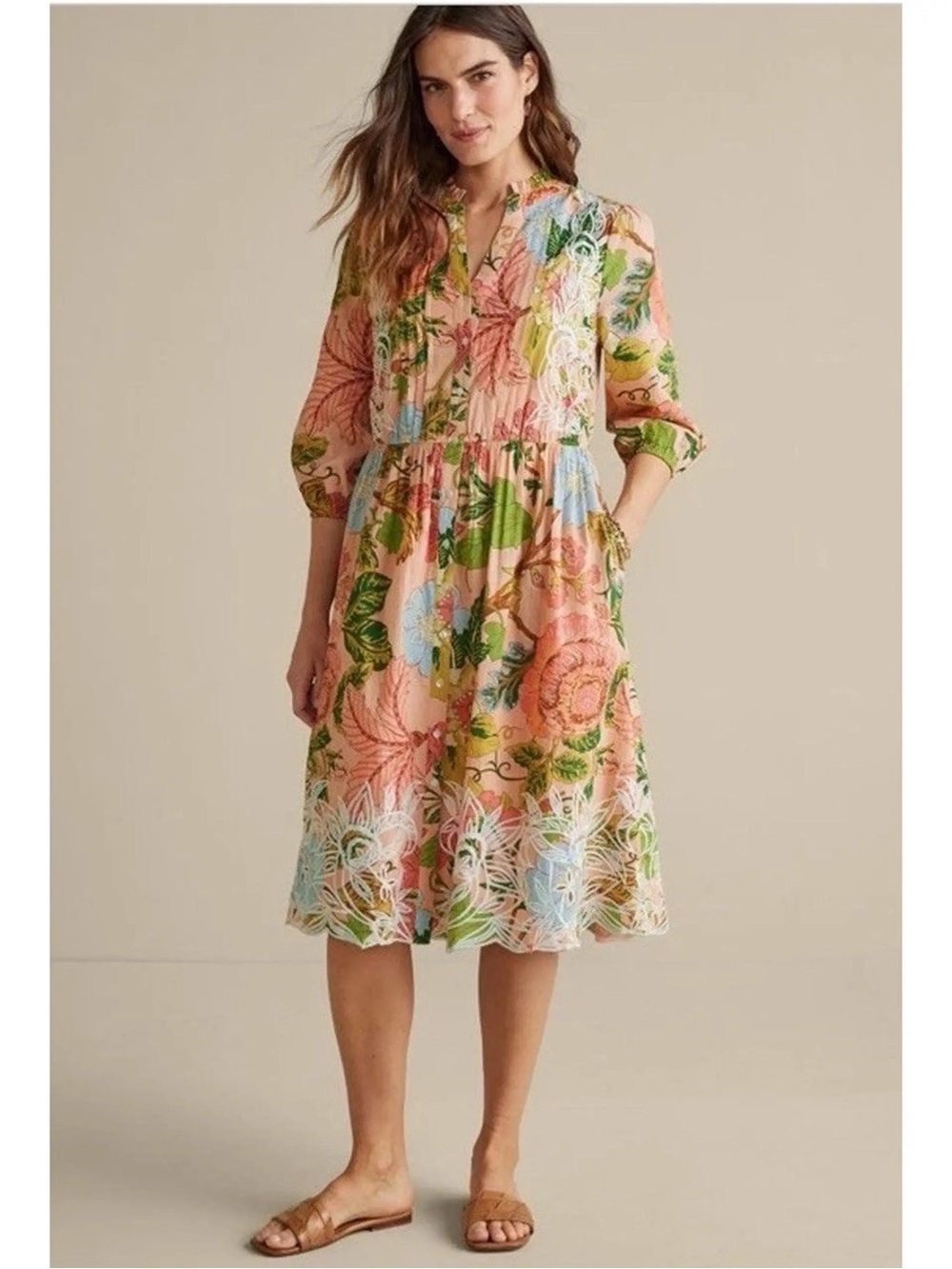 Soft Surroundings Peach Floral 100% Cotton Midi Dress Embroidered Pleated Flowy